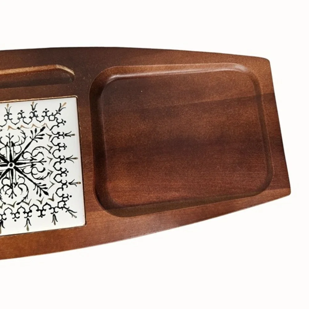 Cheese Board Set With Knife Ceramic Tile MCM Hardwood Japan Mid Century‎ Has Box